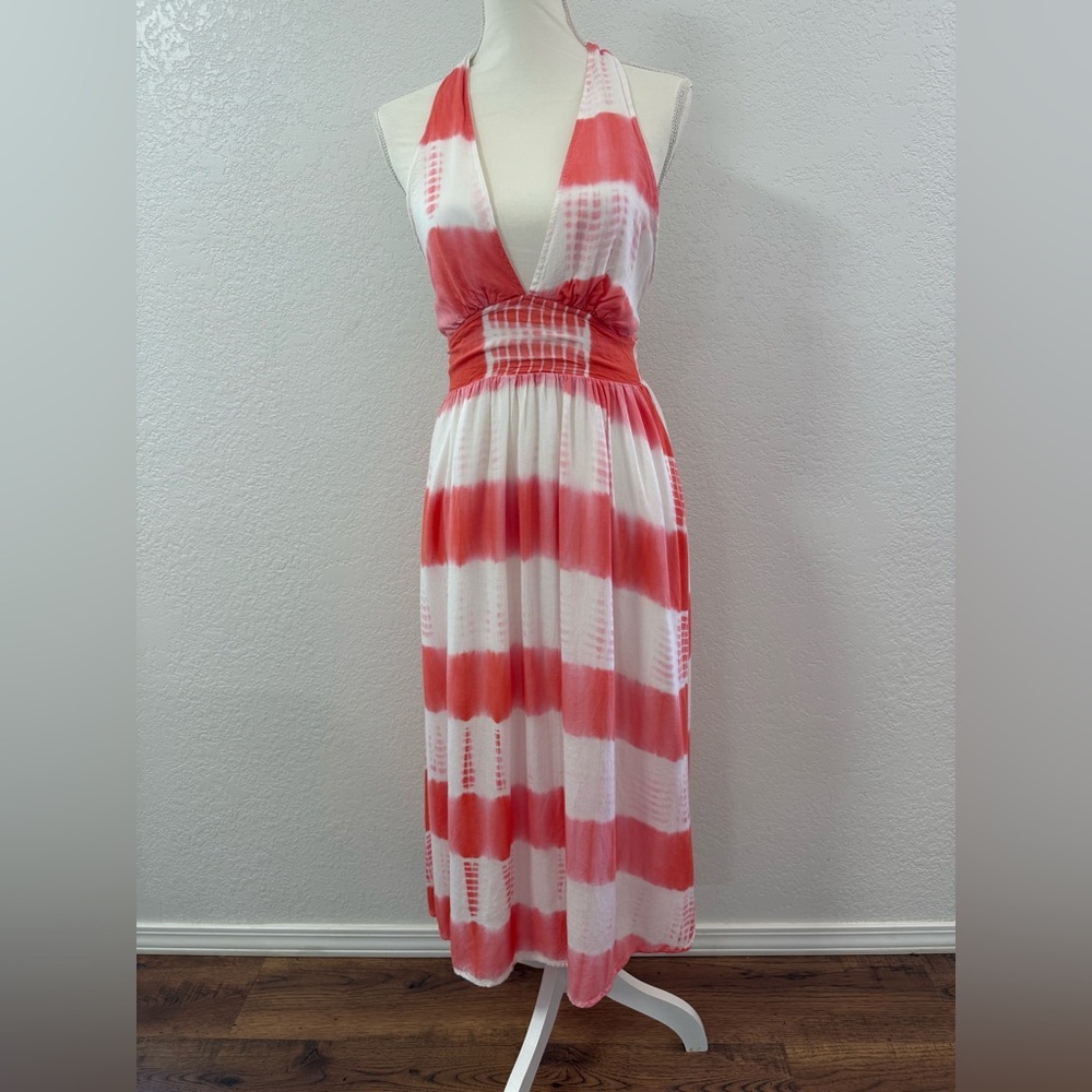 HEM & THREAD Coral WHITE Halter Maxi Dress Rayon Smocked Size M